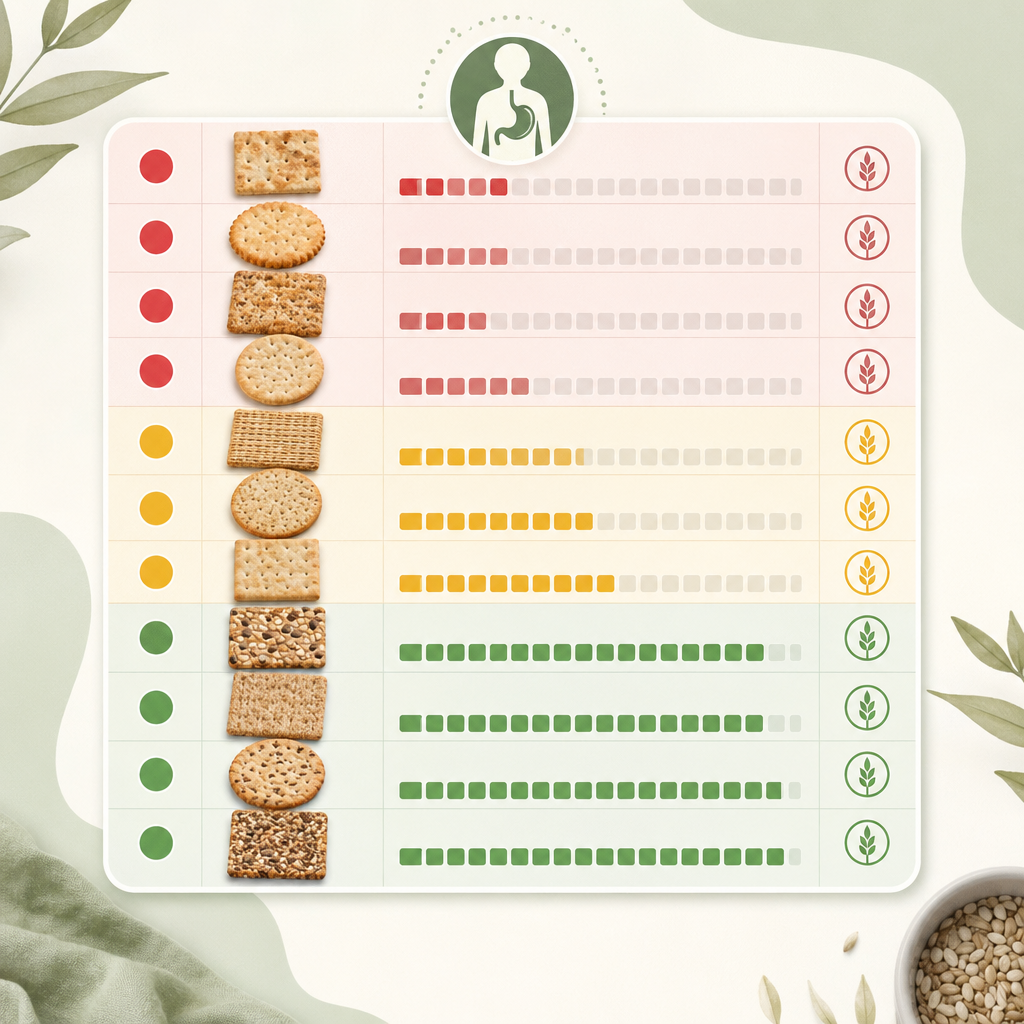 of this table titled "12 popular crackers ranked by satiety profile" with each row color-coded by verdict (red, yellow, green).