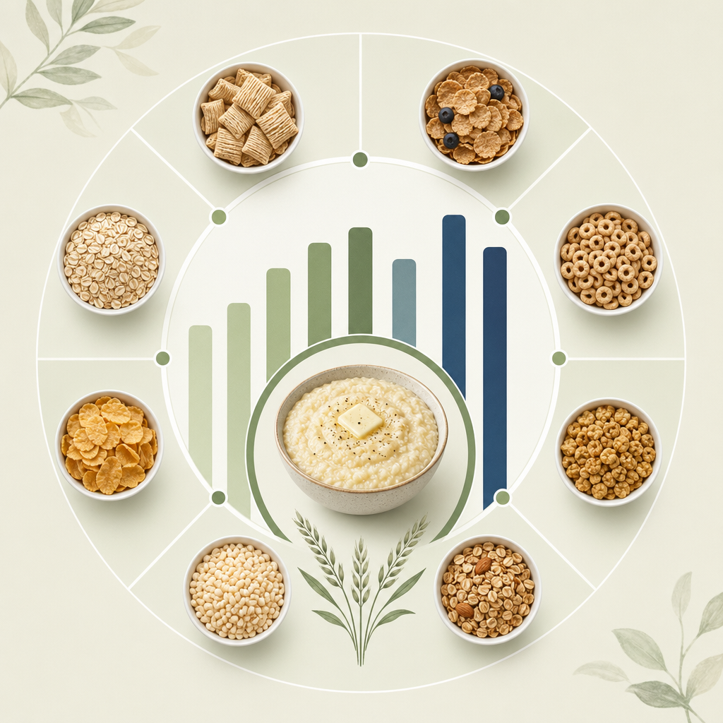 comparing fiber-per-100-cal across these eight breakfast cereals, with stone-ground grits marked in the middle of the pack.