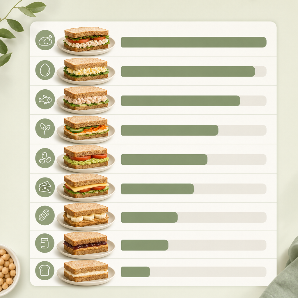 version of this table titled "9 lunch sandwiches ranked by satiety per calorie" with each row's protein-plus-fiber score plotted as a color bar.