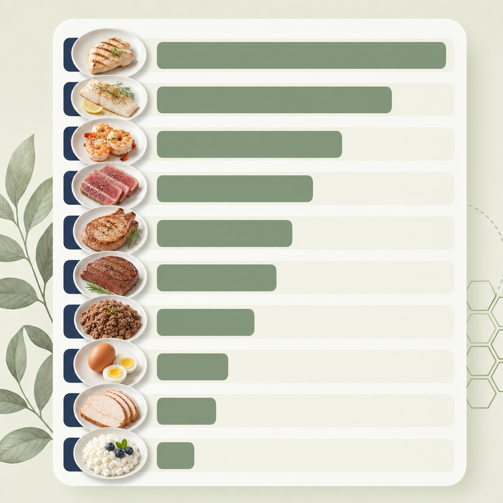 version of this table titled "10 lean proteins ranked for protein per calorie" with each row's protein-to-calorie ratio plotted as a horizontal bar.