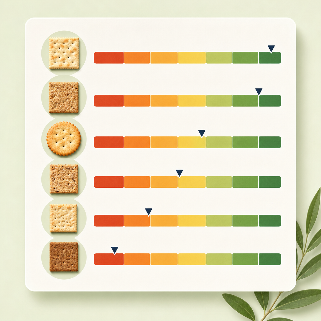 version of this table showing each cracker's protein-and-fiber-per-100-cal score as a color-coded bar.