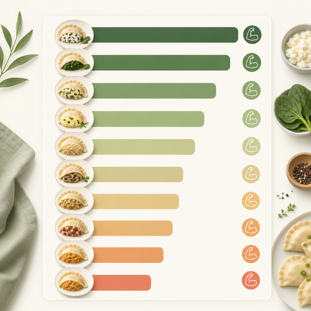 version of this table titled "10 pierogi fillings ranked for weight loss" with each filling's protein-to-calorie ratio plotted as a color-coded bar.