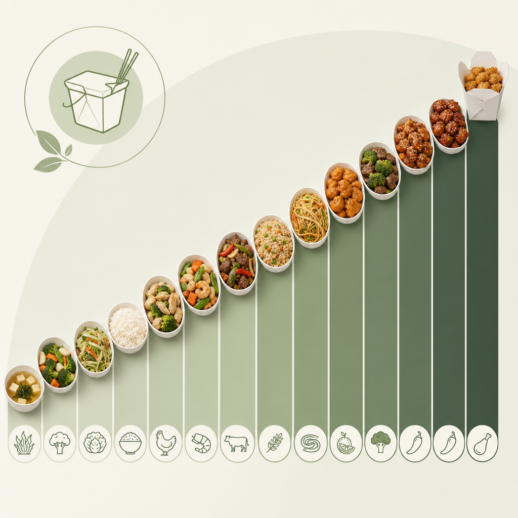 of all 14 items with calorie counts ranked from lowest to highest, titled "American Chinese takeout ranked by calories per serving."