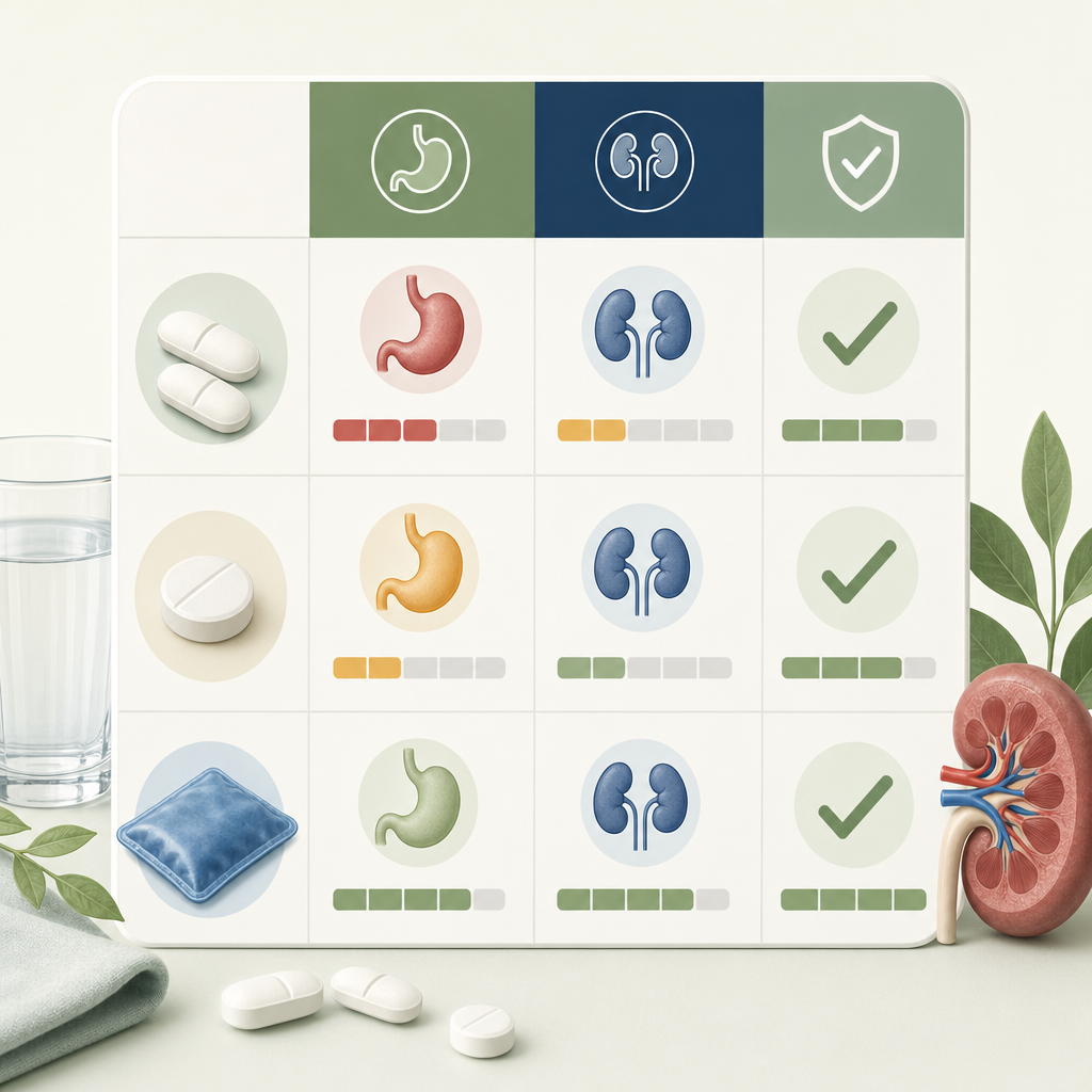 comparison titled "Pain reliever choices on semaglutide" with three columns (GI risk, kidney risk, recommended use) for each option.