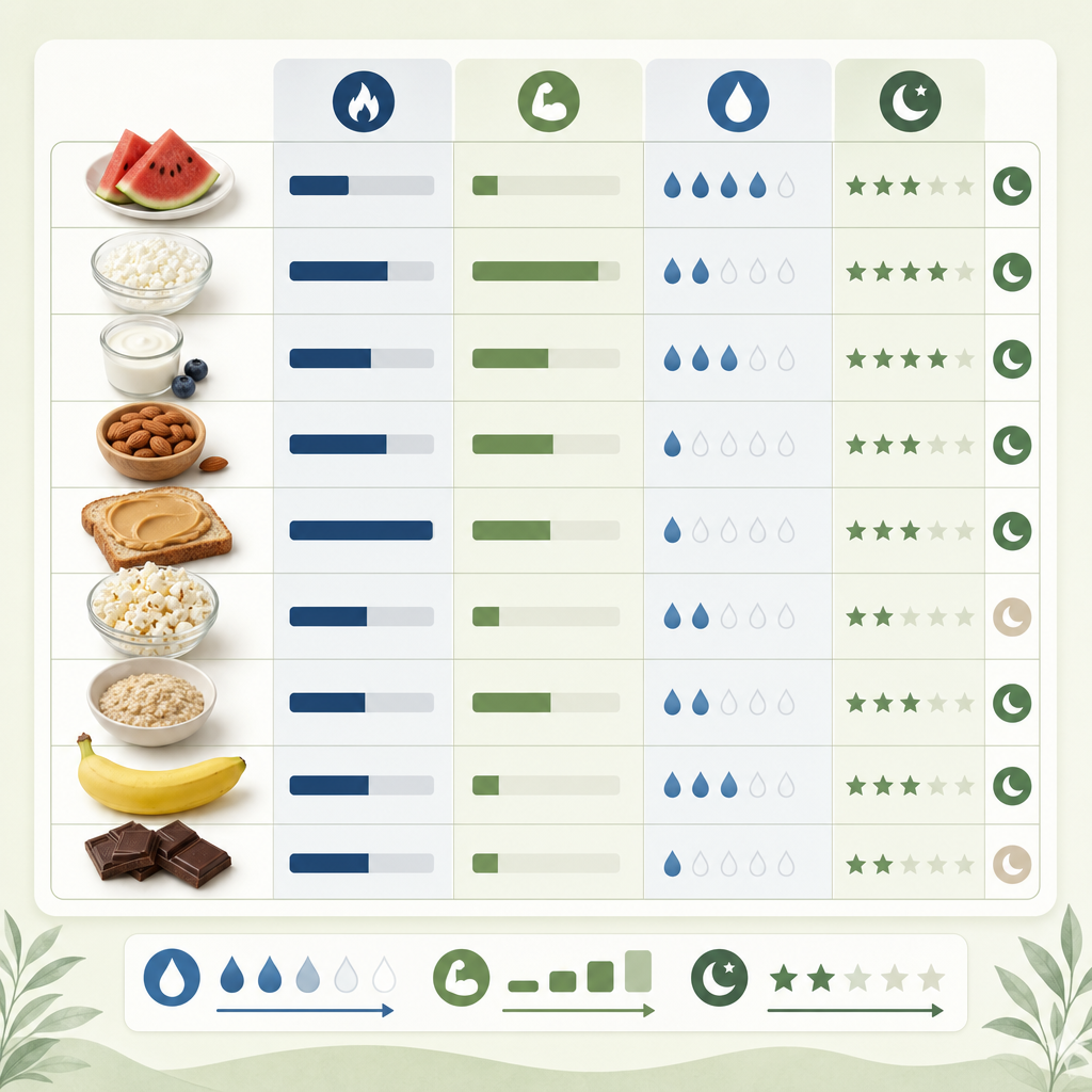 version of this table titled "9 late-night snacks compared by calories, protein, and sleep impact" with color-coding for fluid load and protein content.