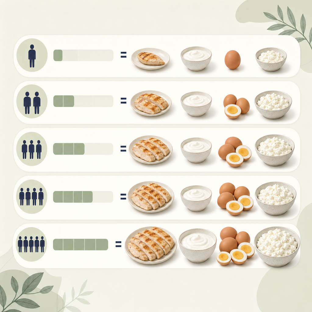 version of this table with food portions illustrated below each gram count (e.g., "150 g = 5 oz chicken + 1 cup yogurt + 3 eggs + 1 cup cottage cheese").