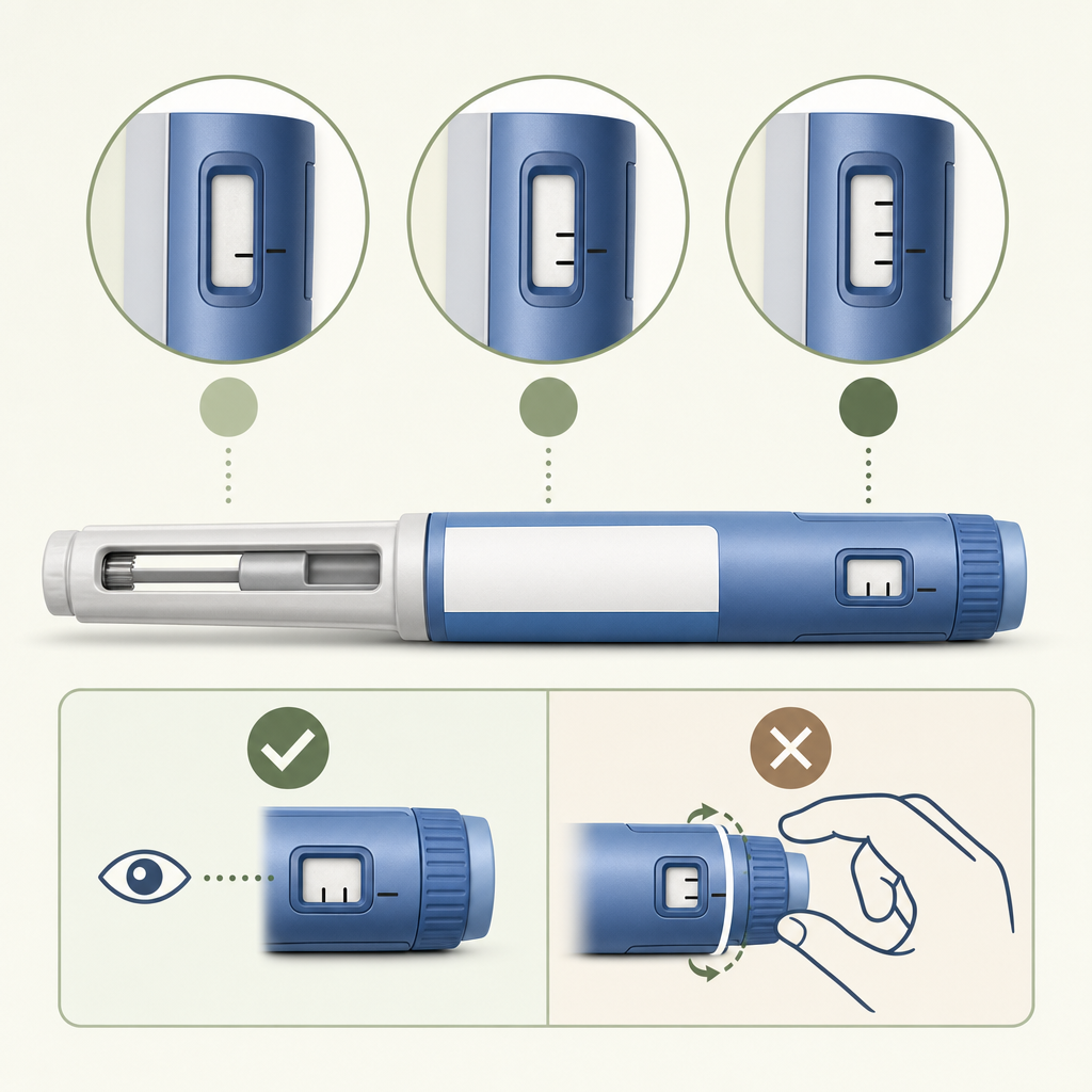 showing the dial dose window at each of the three positions (0.25 mg, 0.5 mg, 1 mg) with a labeled note about counting clicks vs reading the window.