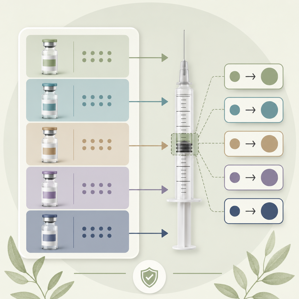 version of this table with each concentration row colored differently, the 30-unit syringe drawn beside it, and a callout showing the mg result.