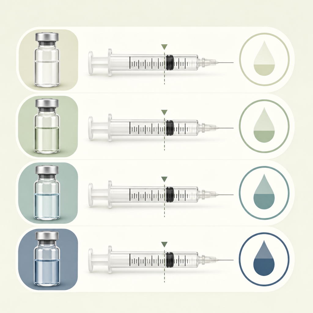 with four U-100 syringes drawn to the 40-unit mark stacked vertically, each labeled with the vial concentration on the left and the milligram amount on the right.