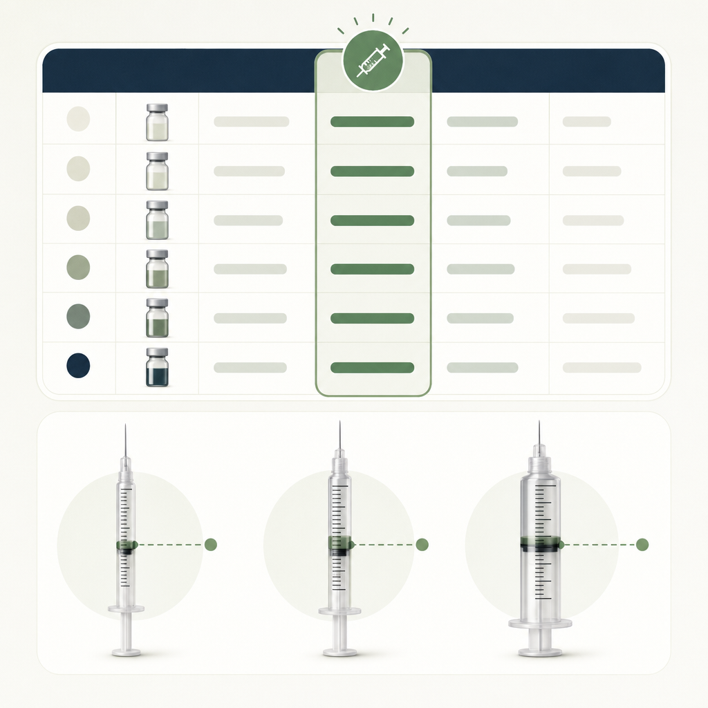 of the chart above with the "50 units" column visually emphasized, plus three syringes showing exactly what 50 units looks like on a 0.3 mL, 0.5 mL, and 1.0 mL barrel.