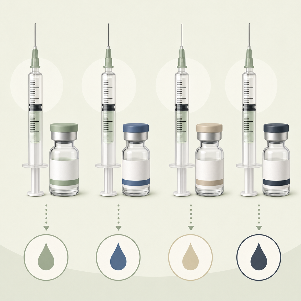 showing a U-100 syringe drawn to 60 units four times, each next to a labeled vial, with the resulting mg dose stamped under each.