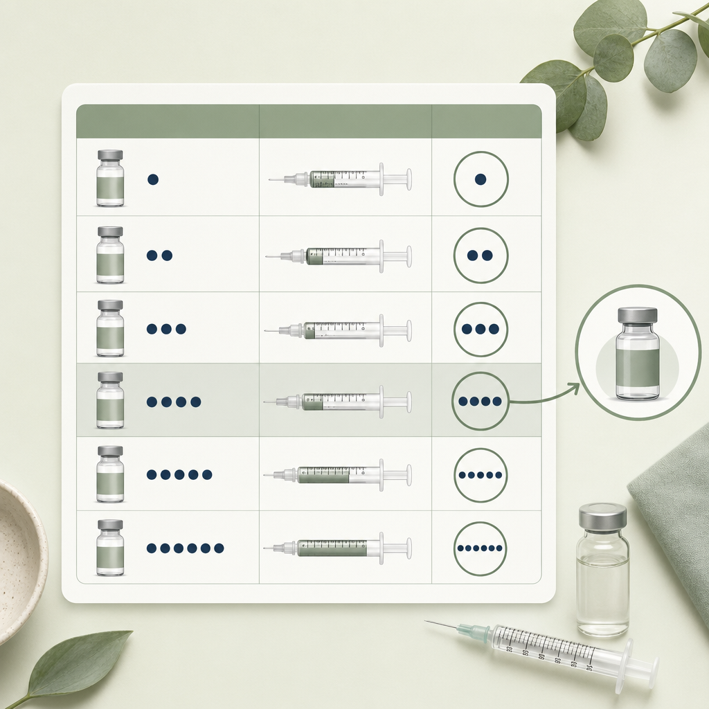 version with each row's unit count circled, plus a callout pointing to "2.5 mg/mL is what most pharmacies dispense."