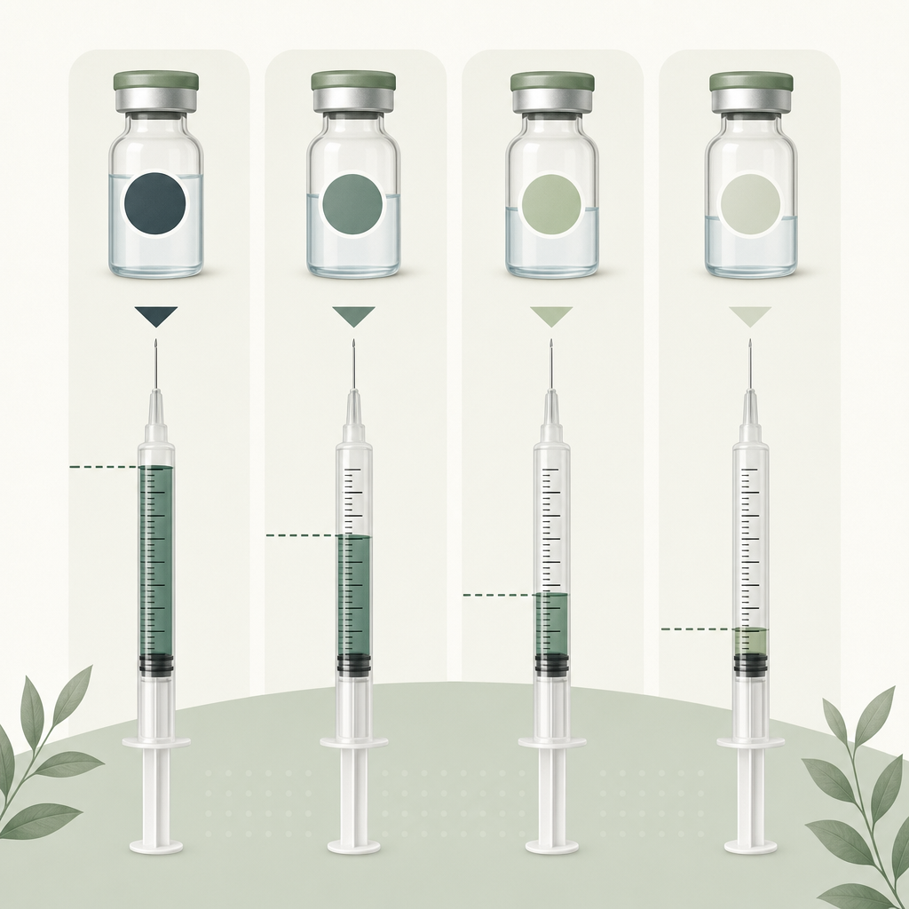 showing four side-by-side U-100 syringes, each drawn to the corresponding mark (100, 50, 33, 25), labeled with the matching vial concentration above each.