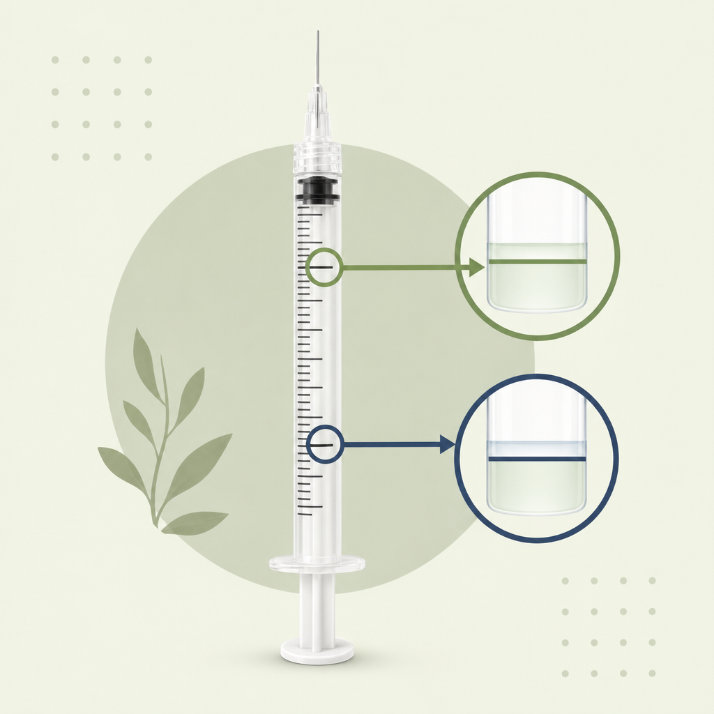 showing a U-100 insulin syringe with the 25-unit and 50-unit lines highlighted and arrows labeled "2.5 mg dose" and "5 mg dose."