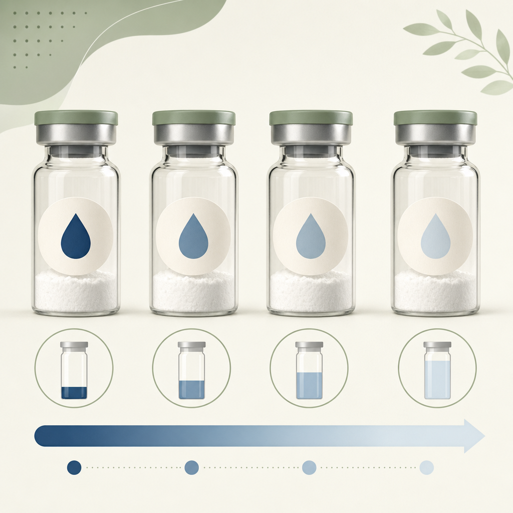 showing four 5 mg powder vials side-by-side, each with a different water volume noted underneath, and the resulting concentration printed on a sticker on the vial.