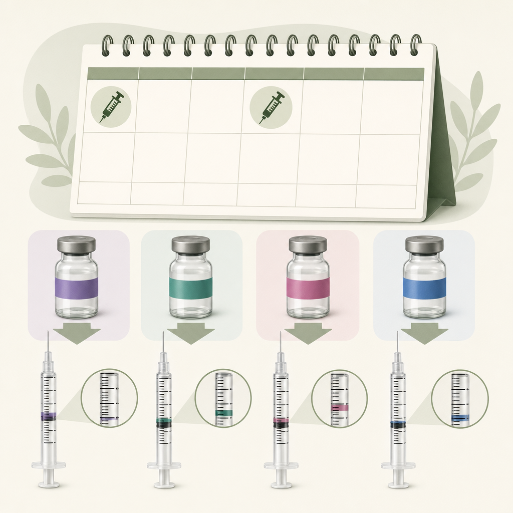 showing a calendar week with two injection days (Sunday and Wednesday) marked, alongside a U-100 syringe drawn to the appropriate half-dose unit count for each weekly dose level.