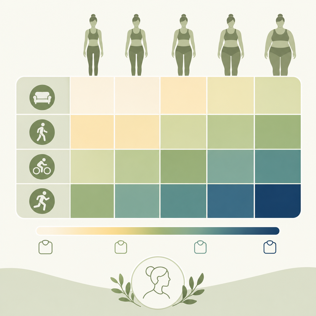 version of this table titled "What 1,600 calories does for women, by body size and activity," with a color gradient showing weekly loss.