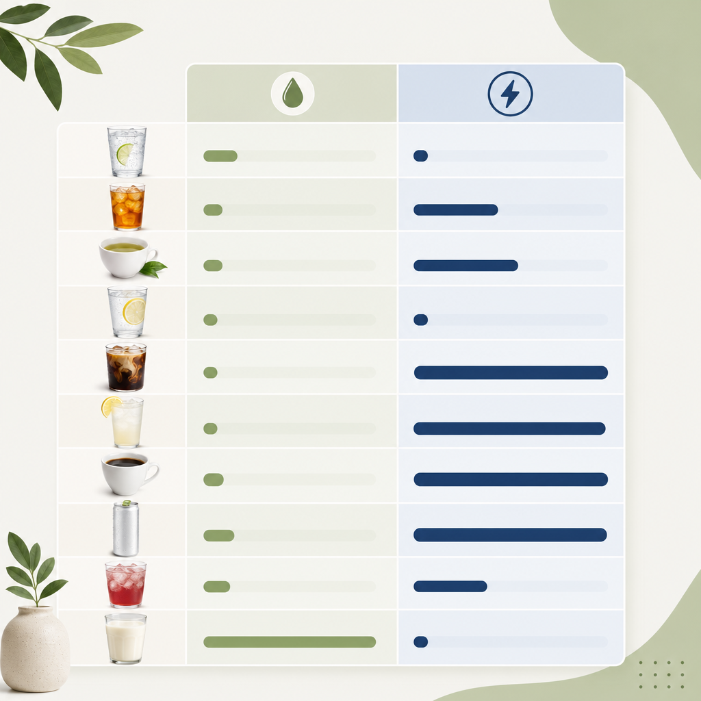of this table titled "10 popular low-calorie drinks compared" with bar visualization of caffeine content alongside calorie content.