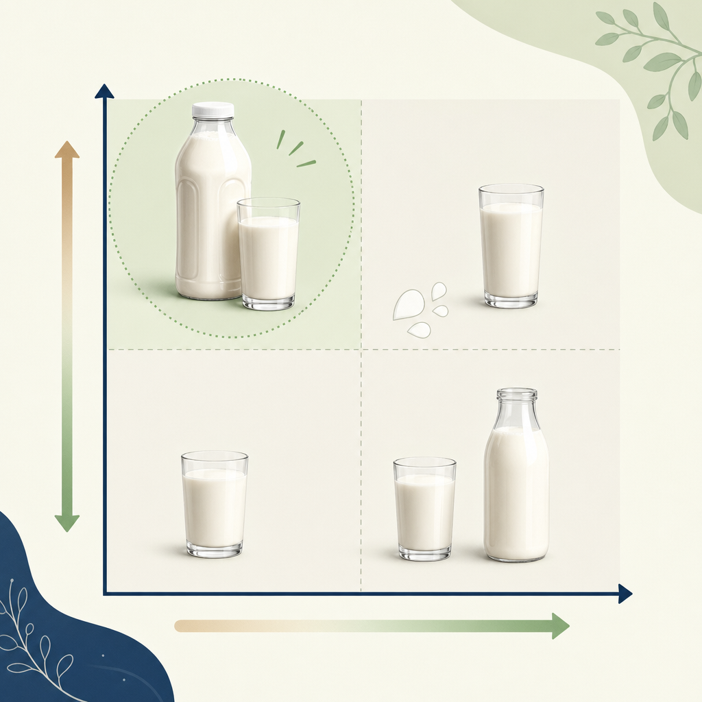 with each milk plotted on a 2-axis chart, protein on the x-axis and calories on the y-axis. Fairlife sits in the upper-left "high protein, low calorie" quadrant.