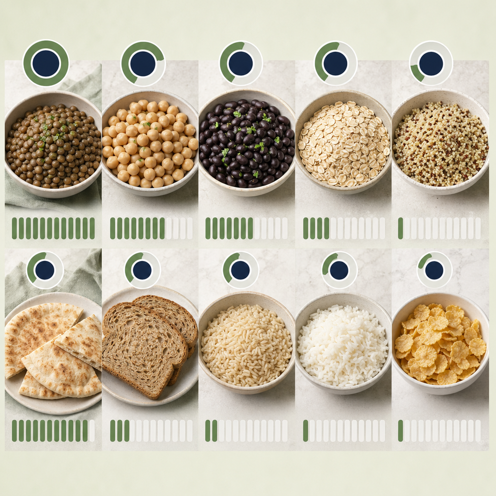 photo grid of all 10 options at scale, with calorie counts overlaid in the corner of each, titled "10 carb anchors ranked for fiber per calorie."