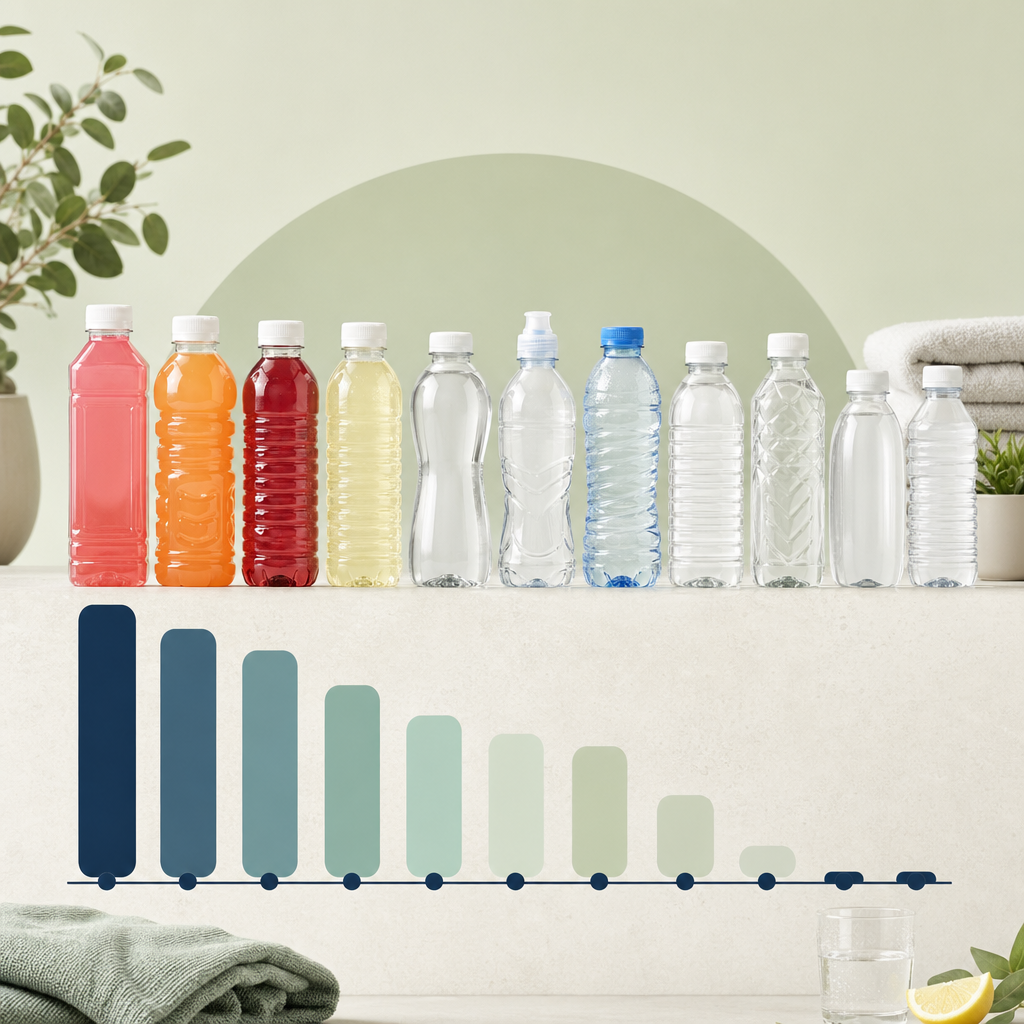 photo of all 11 drinks lined up at scale with calorie counts overlaid, titled "Hydration choices ranked by calories per bottle."