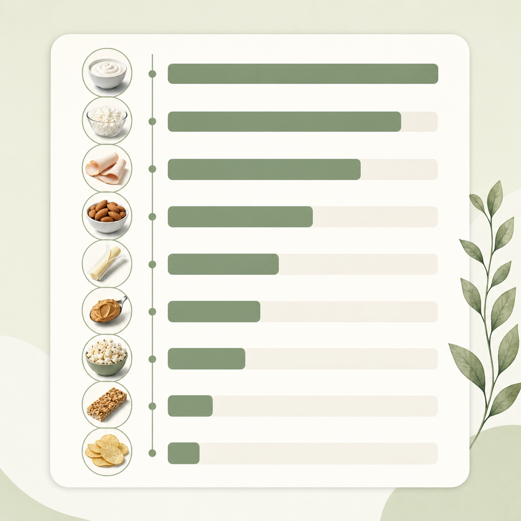 version of this table titled "9 popular snacks ranked for satiety per calorie" with each row's protein-to-calorie ratio plotted as a bar.