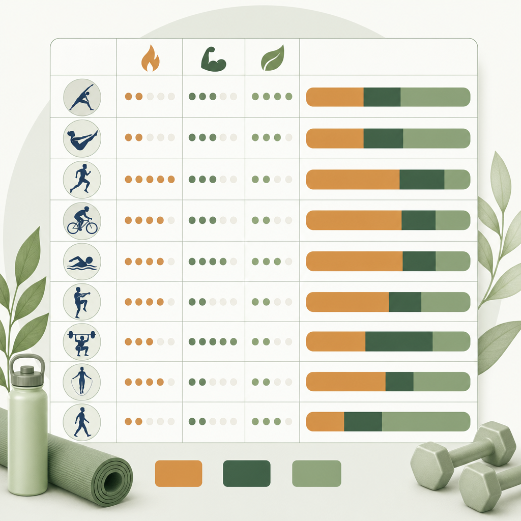 version of this table titled "9 workouts compared for weight loss across calories, muscle, and sustainability" with each row's "weight loss score" plotted as a stacked bar.