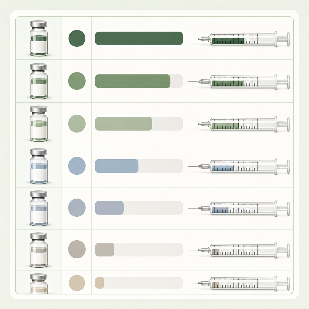 version of the table above with each row showing the 15 mg dose visualized as a fill level on a syringe drawing.