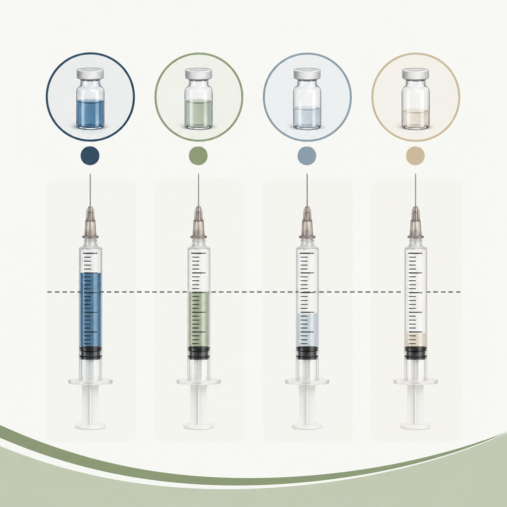 showing four U-100 syringes drawn to 25, 12.5, 10, and 5 units, each labeled with the corresponding concentration above and the volume below.