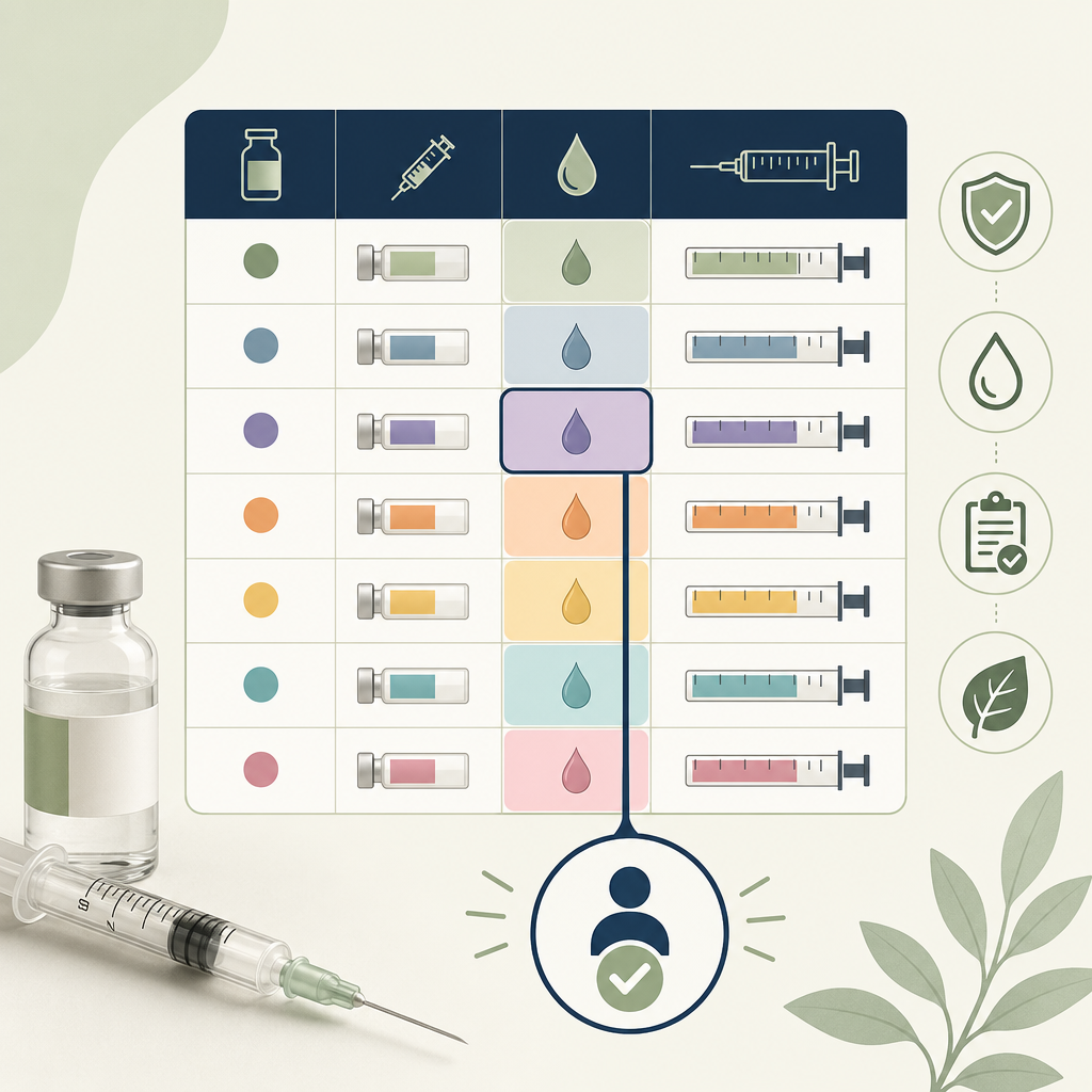 version of this chart with each row's "2.5 mg" cell highlighted in a different color, plus a callout pointing to "this is the cell most patients need."