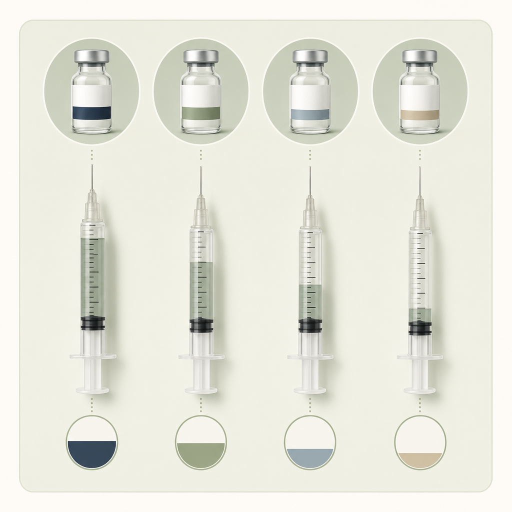 showing a U-100 syringe at four different fill levels (50, 25, 17, 12.5 units) with each labeled by the vial concentration that produces a 2.5 mg dose.