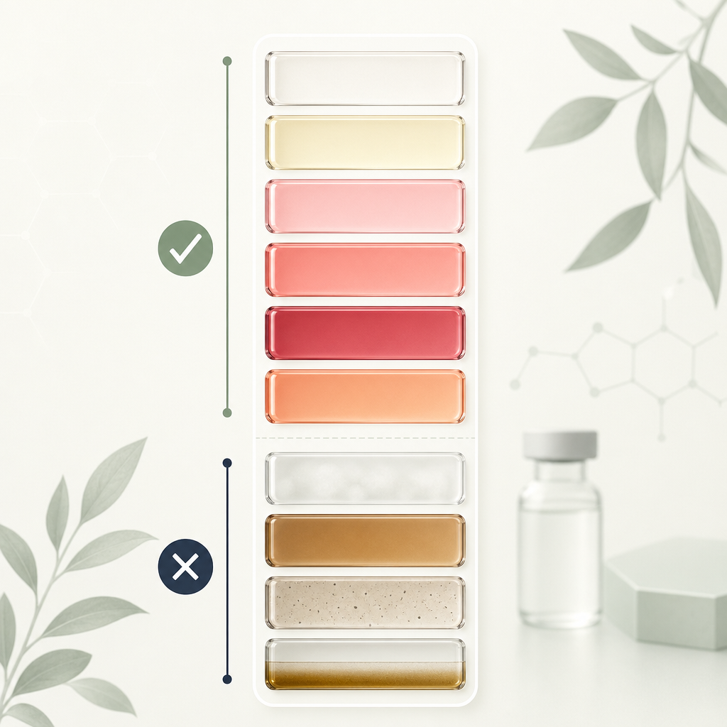 a vertical strip showing each tint as a solid color swatch, with the safe range on top (clear, faint yellow, pink, red, ruby, orange-pink) and the unsafe range on the bottom (cloudy, brown, particulate, layered).