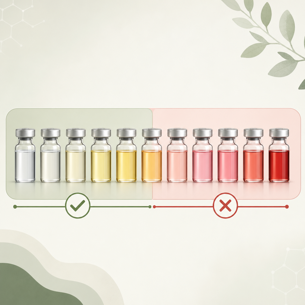 a horizontal color strip showing all 11 swatches above, with a green "safe to use" zone on the left and a red "do not inject" zone on the right.