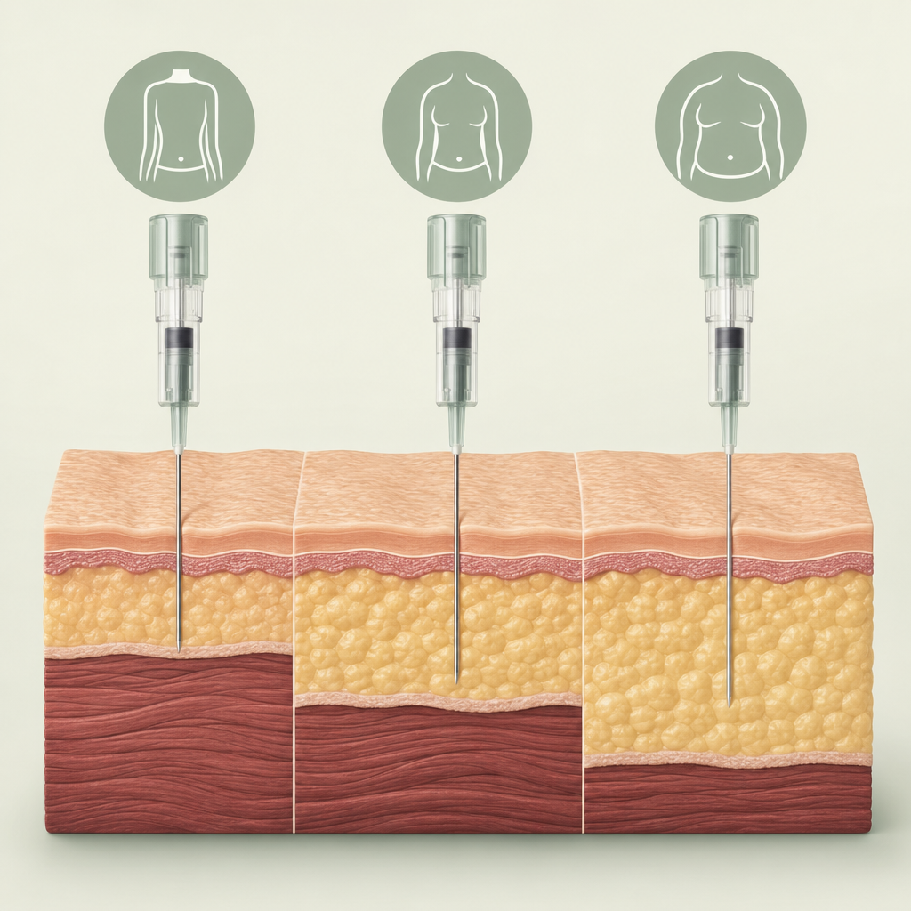 cross-section diagram showing skin, subcutaneous fat, and muscle layers with three needles drawn at correct depth for each body type.