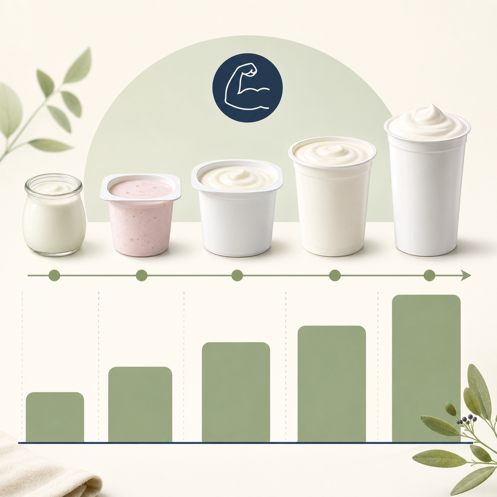 showing the same containers ranked by "protein per 100 calories" left to right, with a horizontal bar chart for visual comparison.