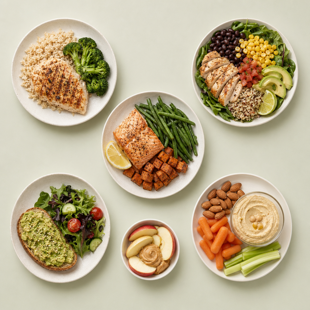 photographic flat-lay of all five plates and snacks above, labeled with calorie counts.